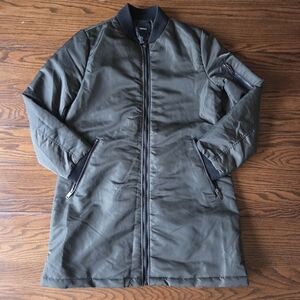 Forever 21 Bomber Flight Jacket Long Trench Coat Women's Small Olive Green EUC